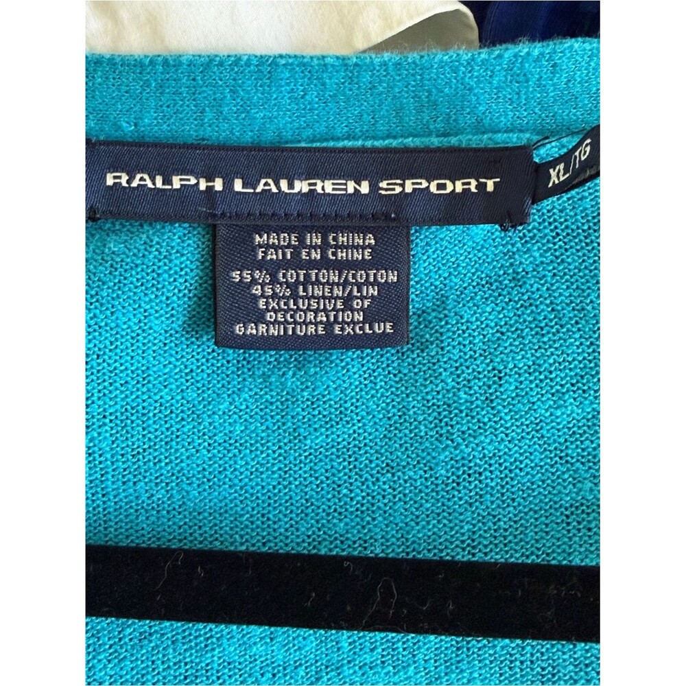 Ralph Lauren Sport Teal V-Neck Button Cardigan Cotton Linen XL Pony Logo Preppy - Picture 12 of 15